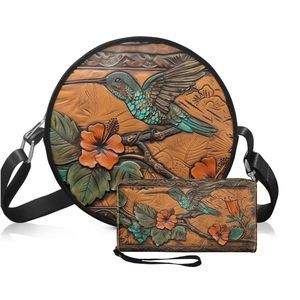 Hummingbird Print Round Purses Leather Wallet Set, Portable Circle O_O